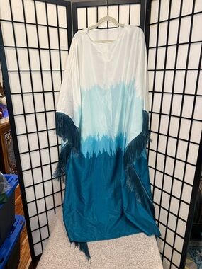 White & Teal Ombre Fringe Maxi Dress